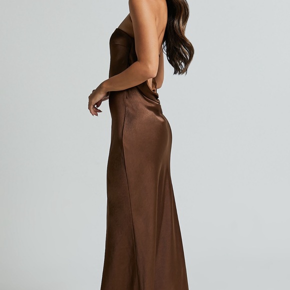 Brown mocha satin strapless Showpo dresses - Picture 5 of 9